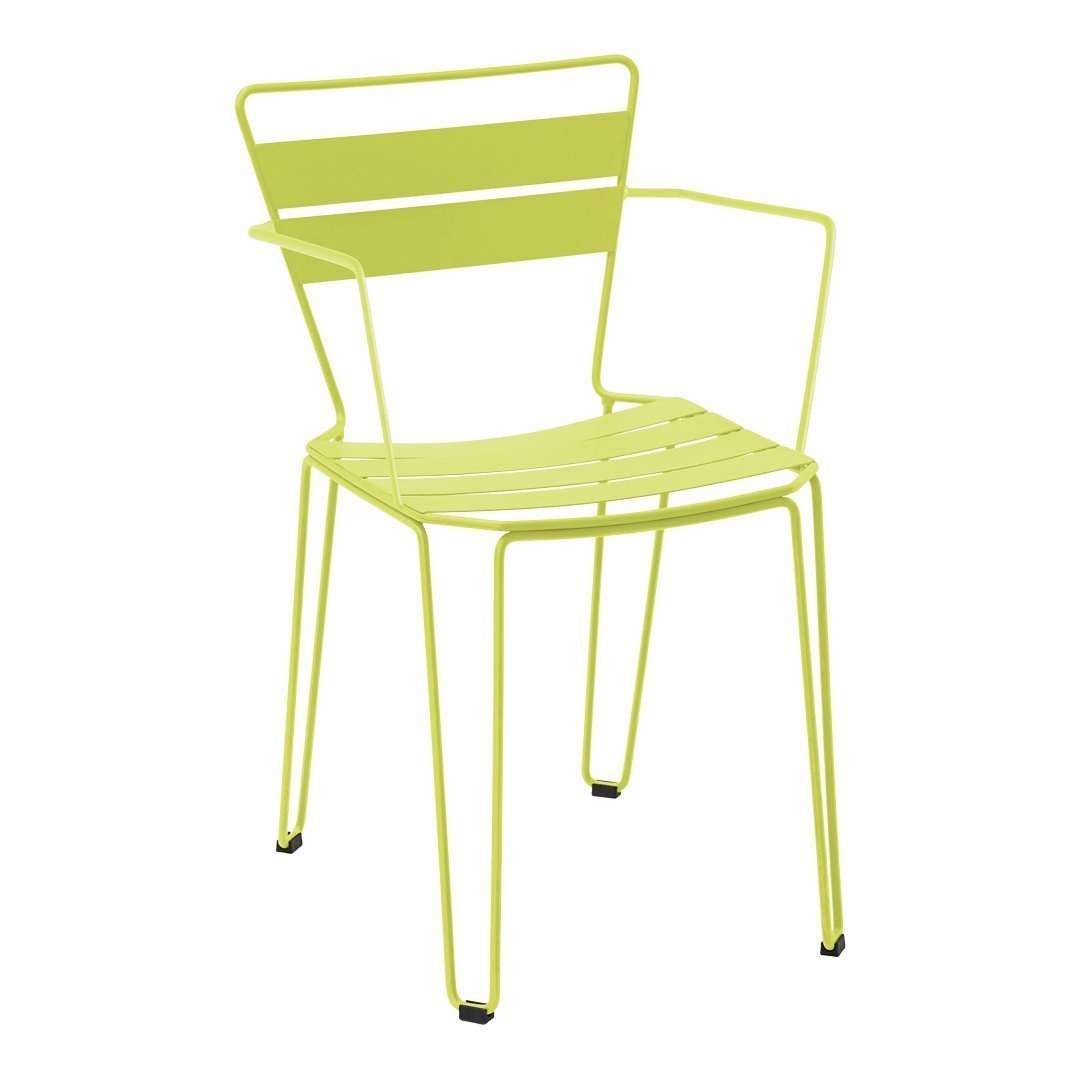 Bright lime green metal chair with slatted design and open arms, perfect for indoor or outdoor use.