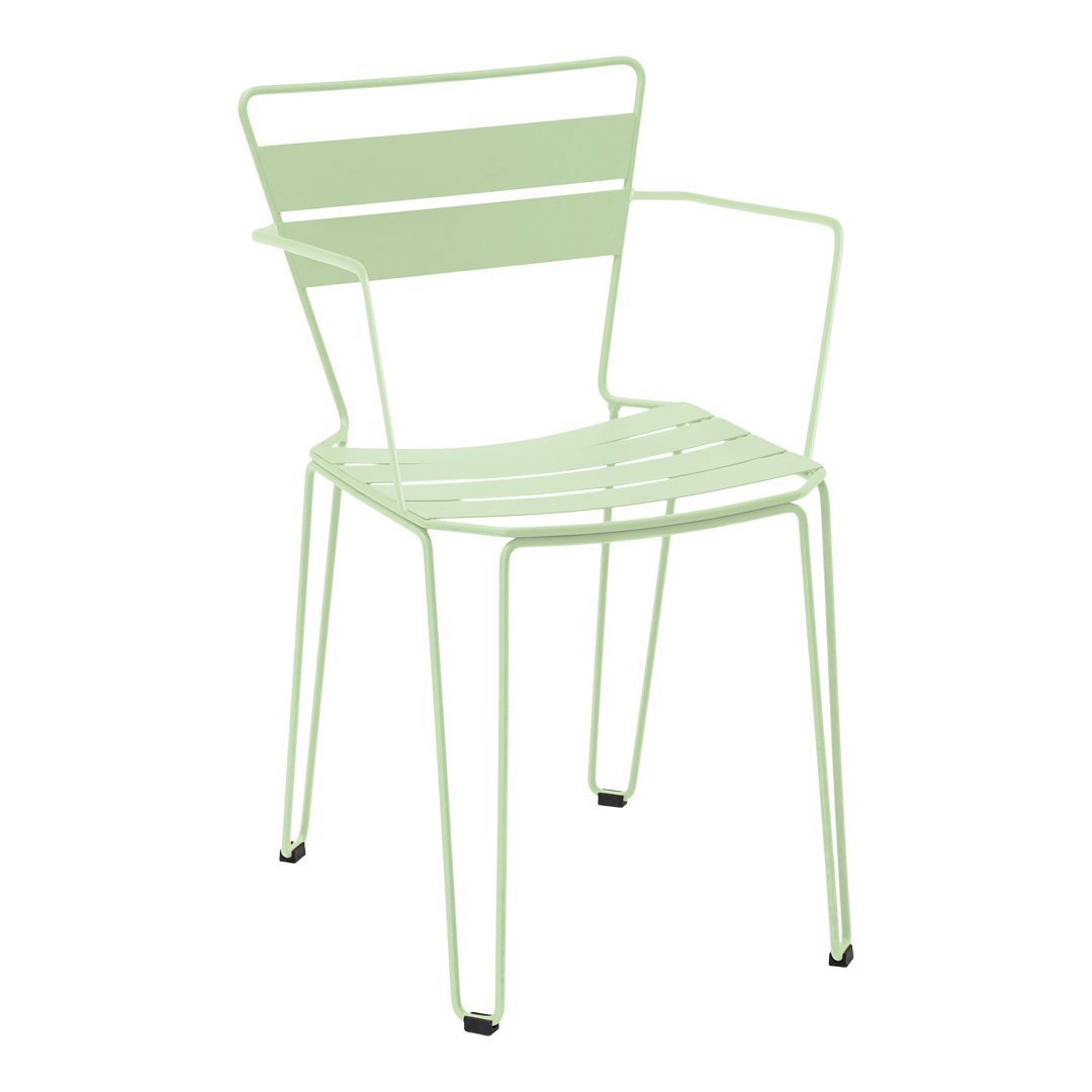 Mint green metal chair with a sleek, modern design featuring horizontal slats and open armrests. Perfect for outdoor decor.