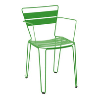 Bright green metal chair with sleek, striped design; perfect for modern outdoor or indoor decor.