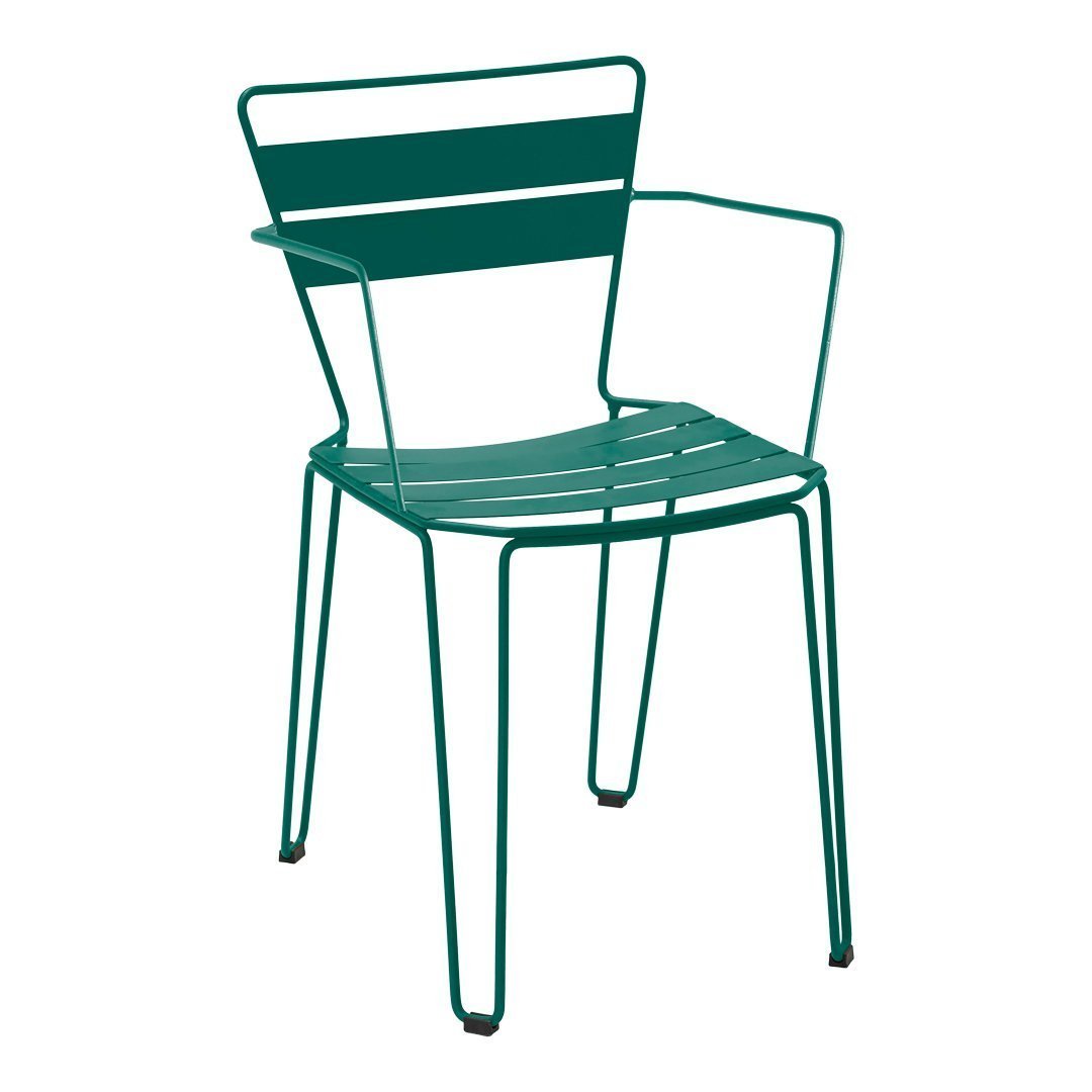 Teal metal chair with a sleek, striped pattern, perfect for modern outdoor decor.