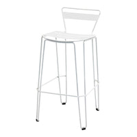 White metal bar stool with a sleek, minimalist design and a simple open back. Perfect for modern spaces.