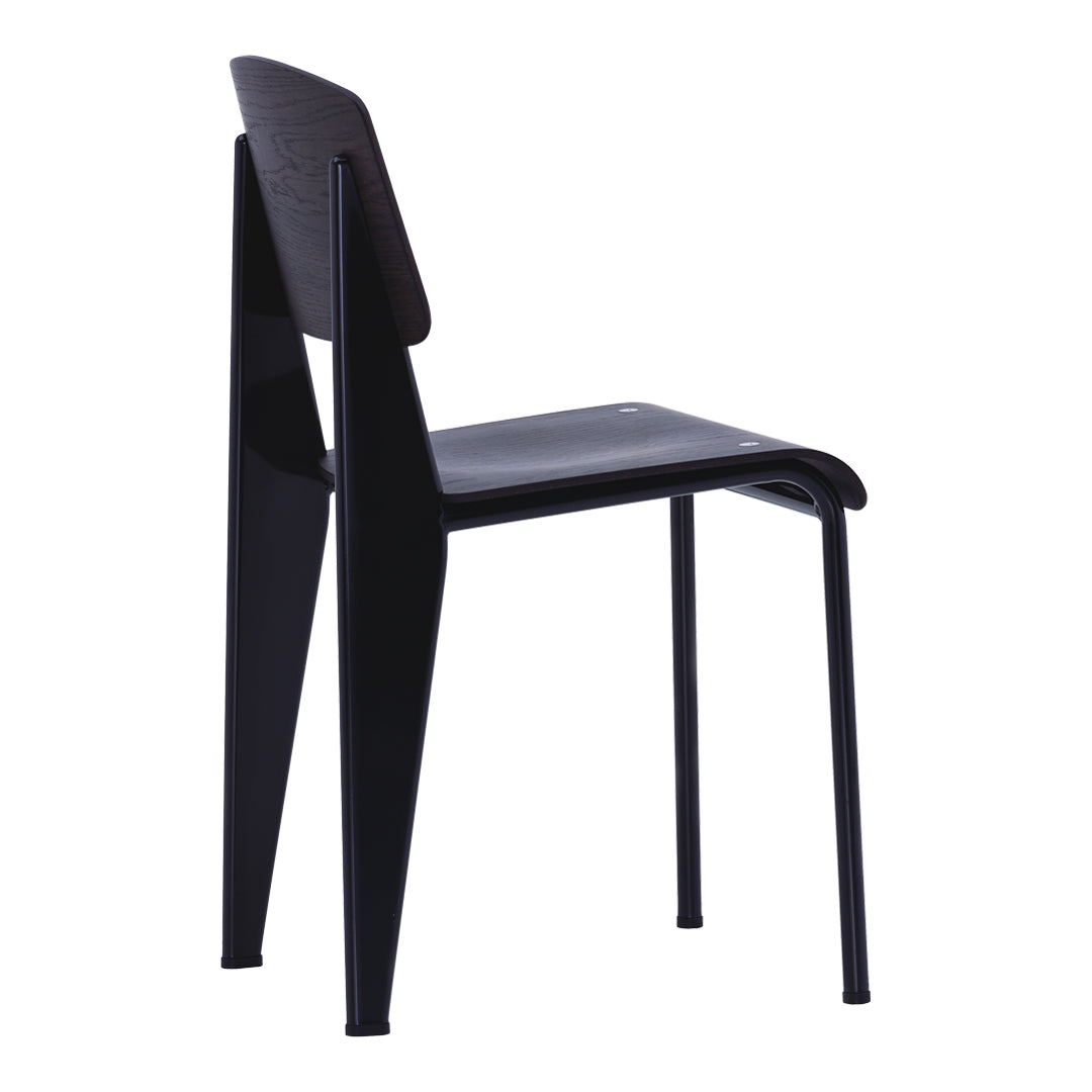 Black modern chair with clean lines and a minimalist design, featuring a sleek wood seat and angled metal legs.