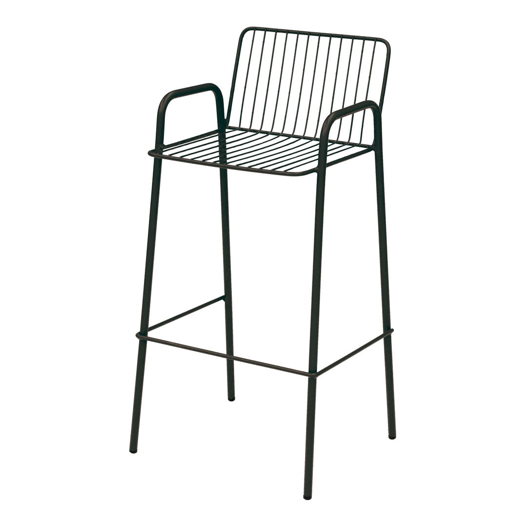 Black metal bar stool with a sleek, minimalist design featuring vertical wire patterns and armrests.