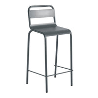 Gray metal bar stool with a minimalist design and sleek lines, featuring a solid backrest and footrest.