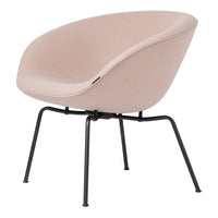 Soft pink upholstered chair with a smooth texture and black metal legs, perfect for modern décor.