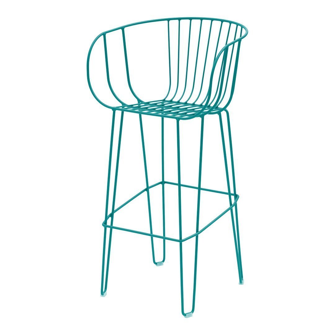 Turquoise wire bar stool with an open design and sleek lines, perfect for modern decor.