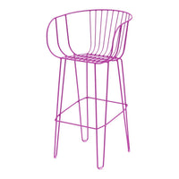 Vibrant pink wire bar stool with a modern, open design and sleek lines. Perfect for trendy decor.