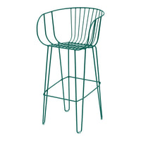 Green wire bar stool with modern minimalistic design and open grid pattern for contemporary spaces.
