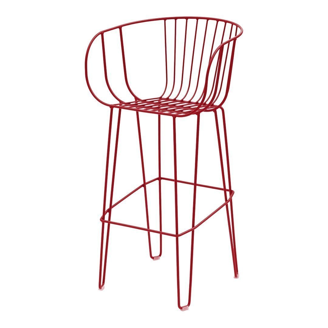 Red wire bar stool with a modern design, featuring a sleek, minimalistic pattern and open back. Perfect for contemporary spaces.