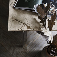 Elegant beige marble tabletop with subtle brown veining, complemented by a dark wood background and earthy plant tones.