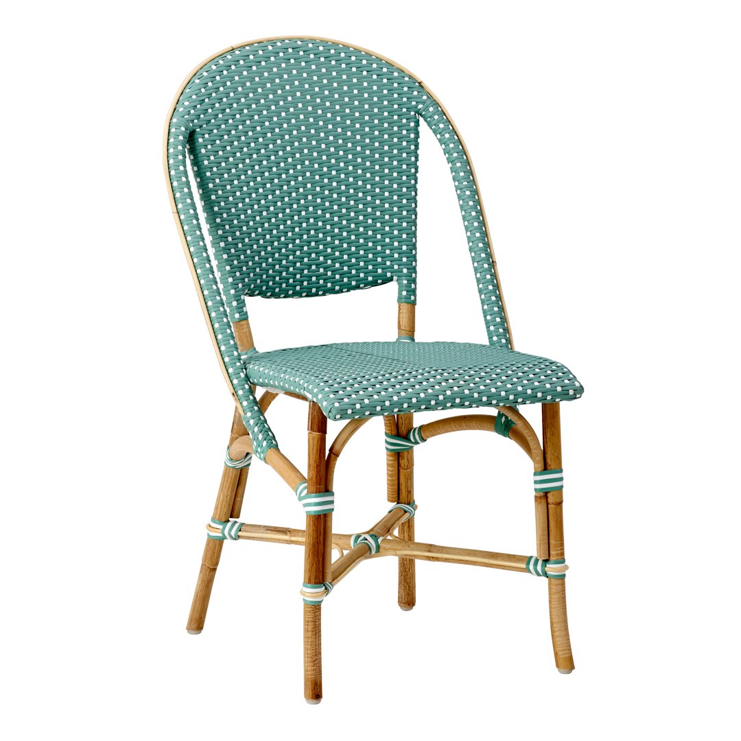 Teal woven chair with white patterns and natural bamboo accents, perfect for outdoor or casual dining spaces.