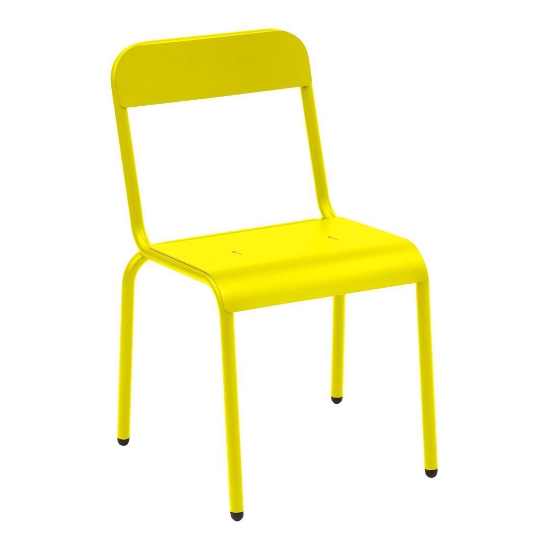 Bright yellow metal chair with a sleek, simple design, perfect for modern spaces. Ideal for vibrant decor.
