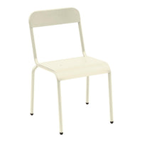 "Minimalist cream metal chair with smooth, solid surfaces and black tipped legs for modern decor."