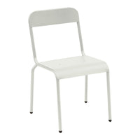 White metal chair with a sleek design and minimalist style, featuring a smooth finish and no visible patterns.