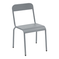 Gray metal chair with a minimalist design, featuring a smooth, solid finish and no patterns.