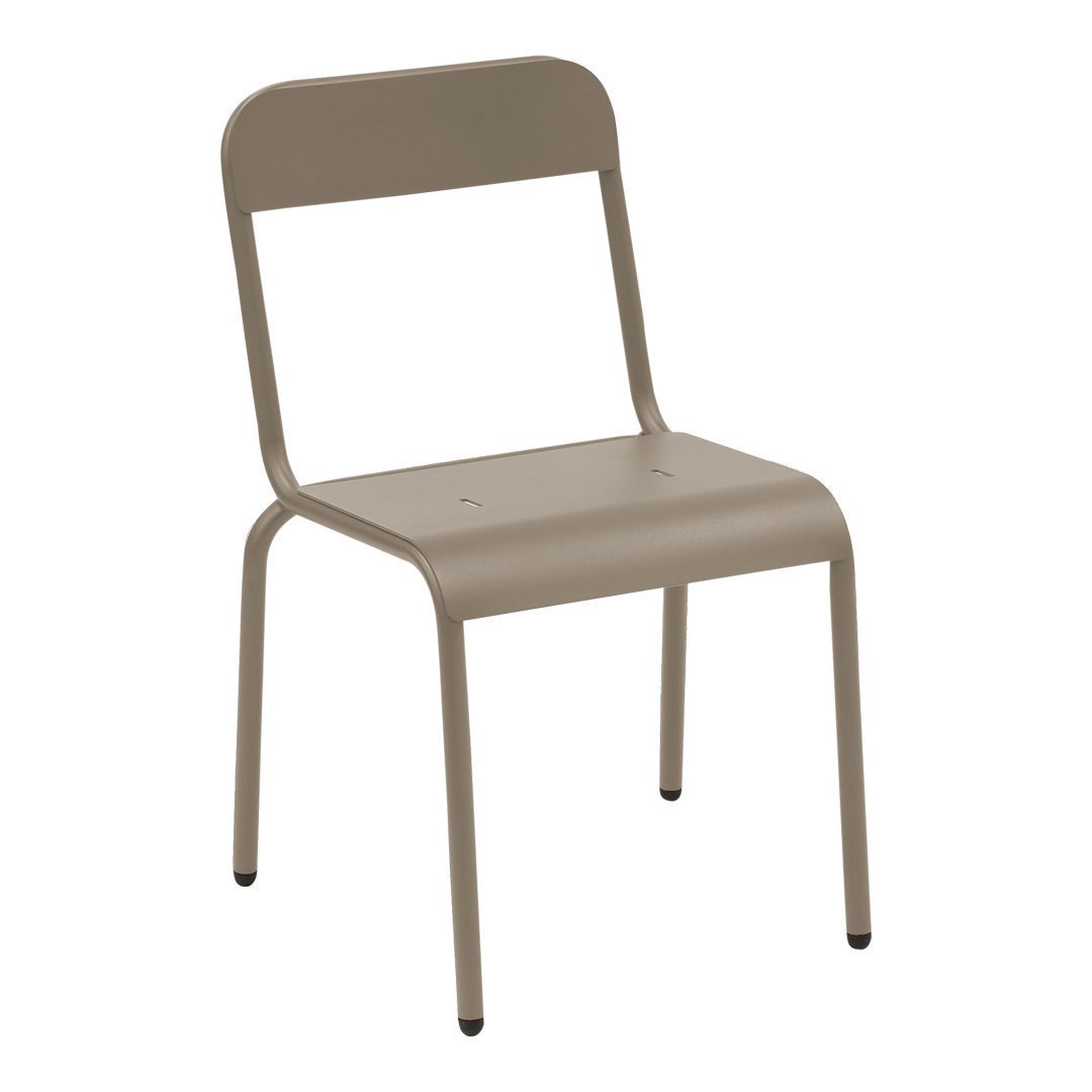 Tan metal chair with a minimalist design and smooth, matte finish. Perfect for modern interiors.