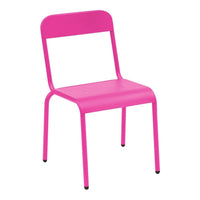 Bright pink metal chair with a sleek, minimalist design and smooth, solid surface. Ideal for vibrant themed spaces.