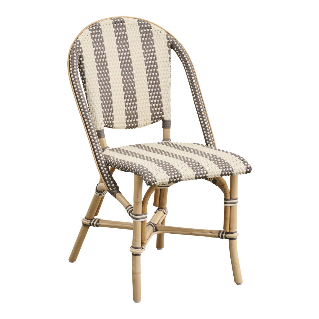 Beige and brown striped woven chair with a natural finish, perfect for adding charm to any space.