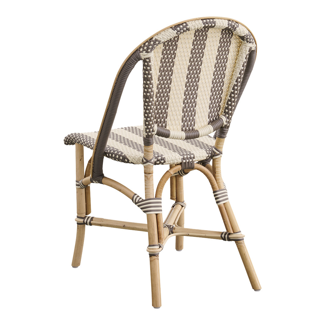 Brown and cream striped woven chair featuring a natural wood frame, perfect for a stylish and modern look.