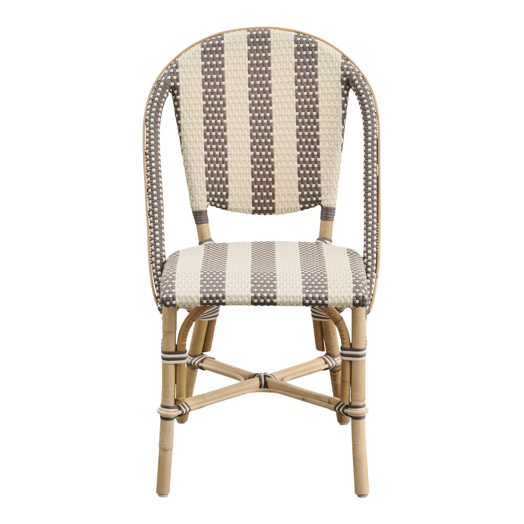 Striped chair featuring alternating cream and brown patterns, with a natural bamboo frame for a stylish look.