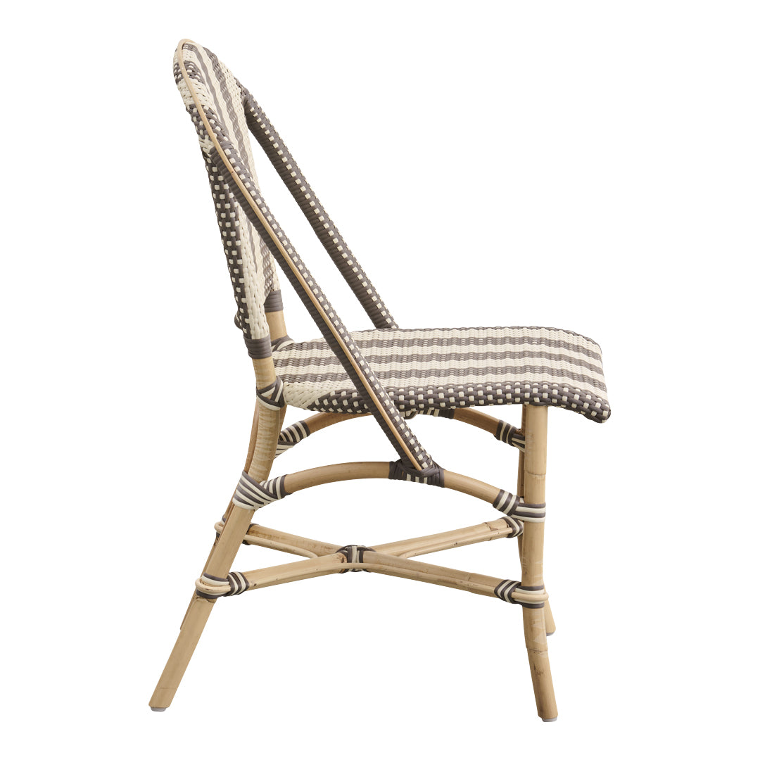 Striped brown and white woven patterns with beige bamboo frame, perfect for stylish indoor or outdoor seating.