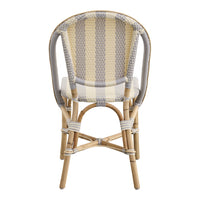 Striped yellow and gray woven back chair with a natural bamboo frame. Elegant and modern design. 