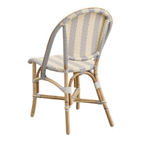 "Beige and gray striped chair with a woven design and natural wood legs."