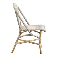 Grey and cream striped accent chair with natural bamboo frame, perfect for stylish home decor.