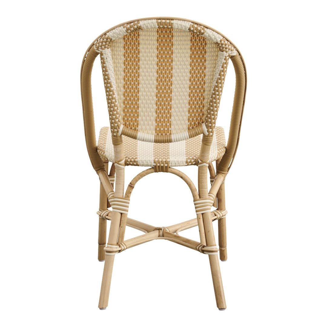 Back view of a rattan chair featuring a cream and beige striped pattern with natural bamboo accents.