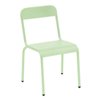 Mint green metal chair with a simple and sleek design, featuring a solid color without patterns.