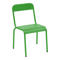 Bright green metal chair with a minimalist design and smooth surface, perfect for modern decor.