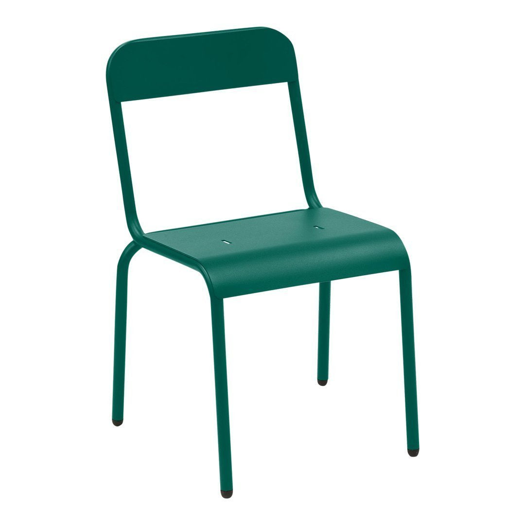 Solid teal metal chair with minimalist design and smooth finish, perfect for modern decor.