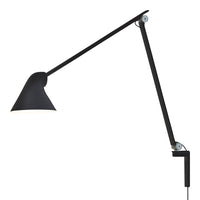 Black adjustable wall lamp with a minimalist design and sleek lines, ideal for modern decor.