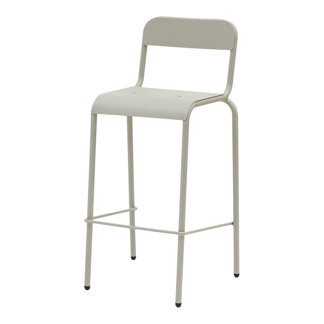 Light grey metal bar stool with a minimalist design and smooth surface, ideal for modern dining spaces.