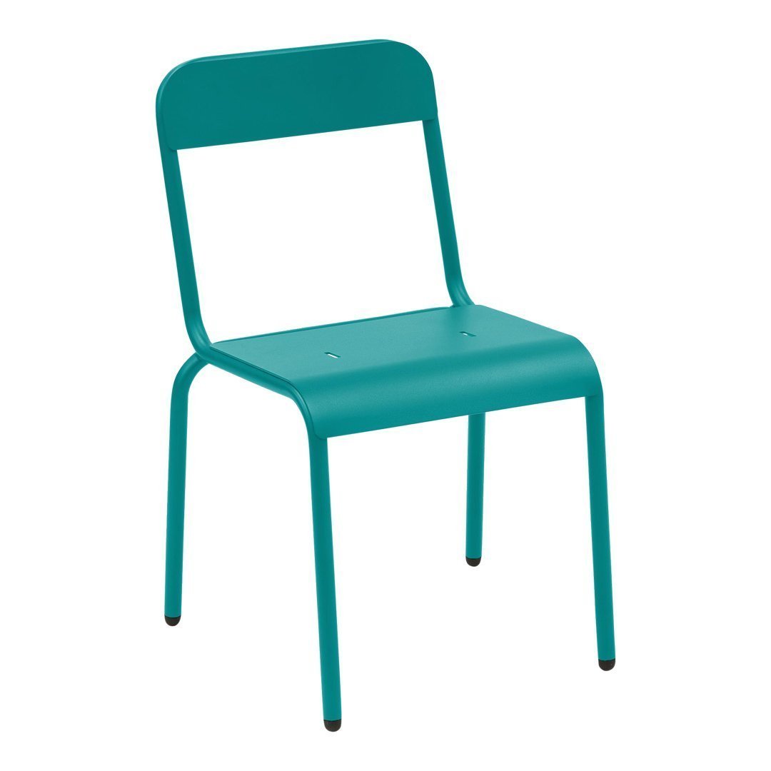 Turquoise metal chair with a minimalist design and sleek lines, perfect for modern decor.