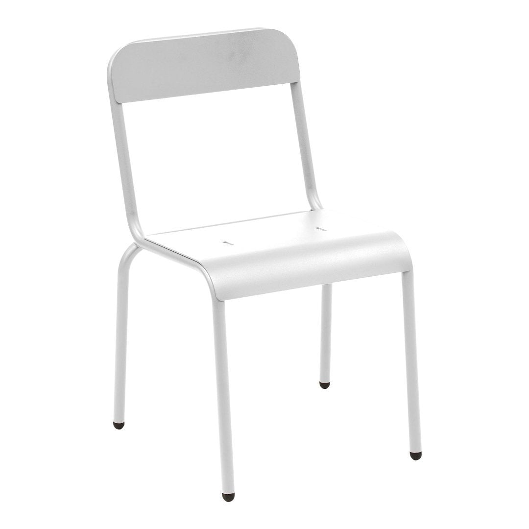 Simple white metal chair with clean lines and a minimalist design, ideal for modern decor.