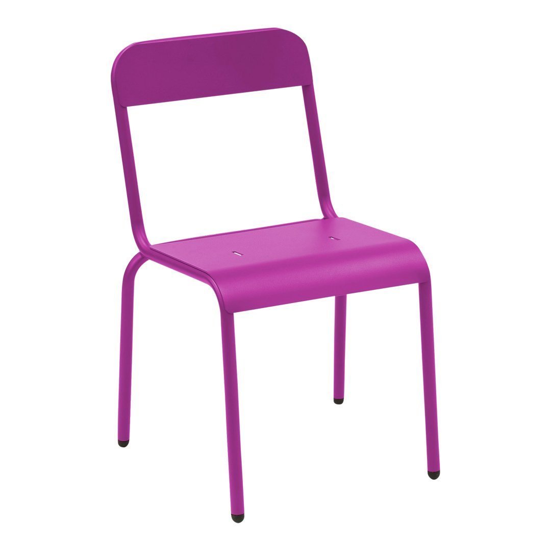 Bright purple metal chair with a minimalist design and smooth, solid color finish. Perfect for modern décor.