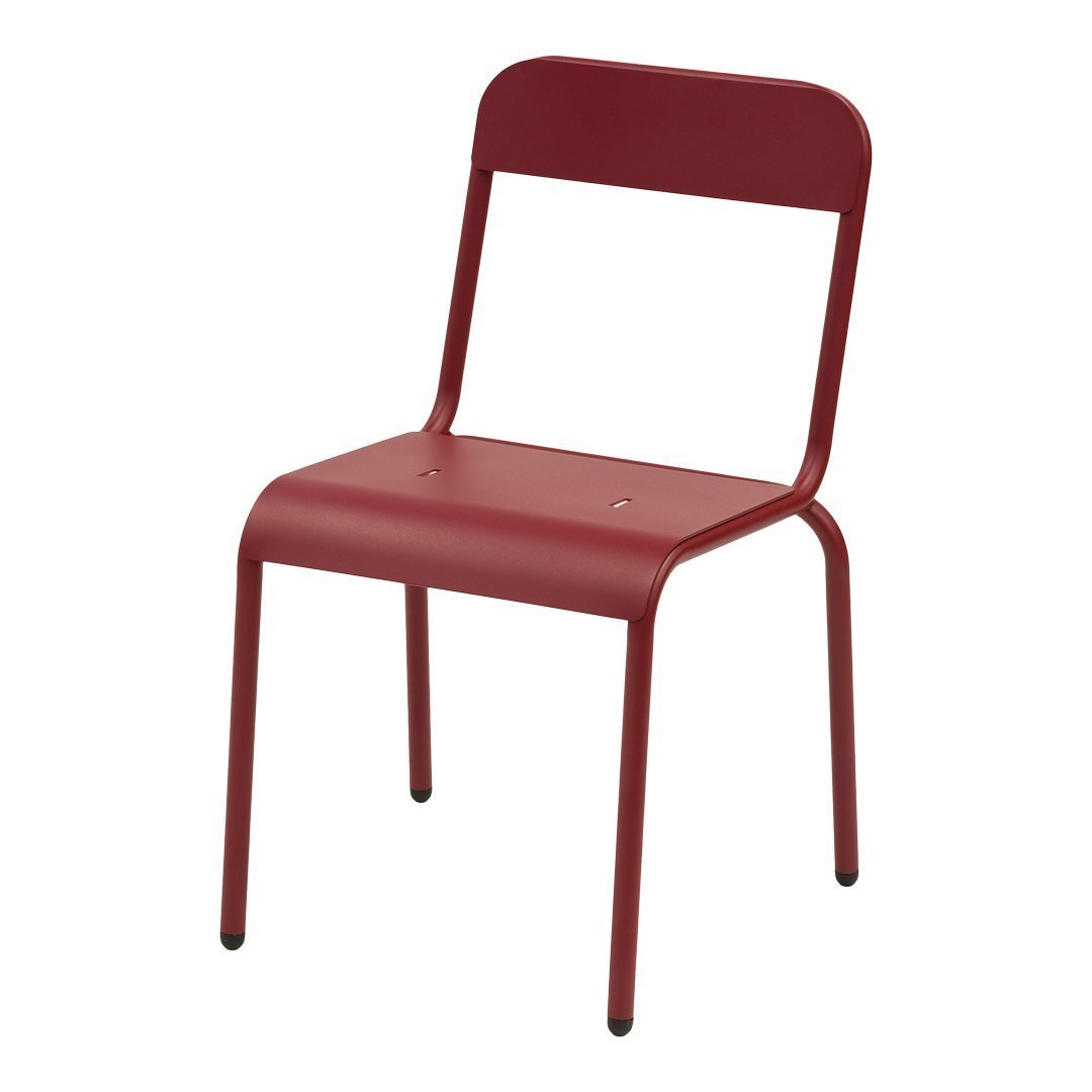 Red metal chair with a simple, minimalist design and smooth, solid color finish. Ideal for modern interiors.