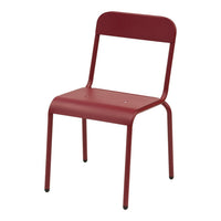 Red metal chair with a simple, minimalist design and smooth, solid color finish. Ideal for modern interiors.