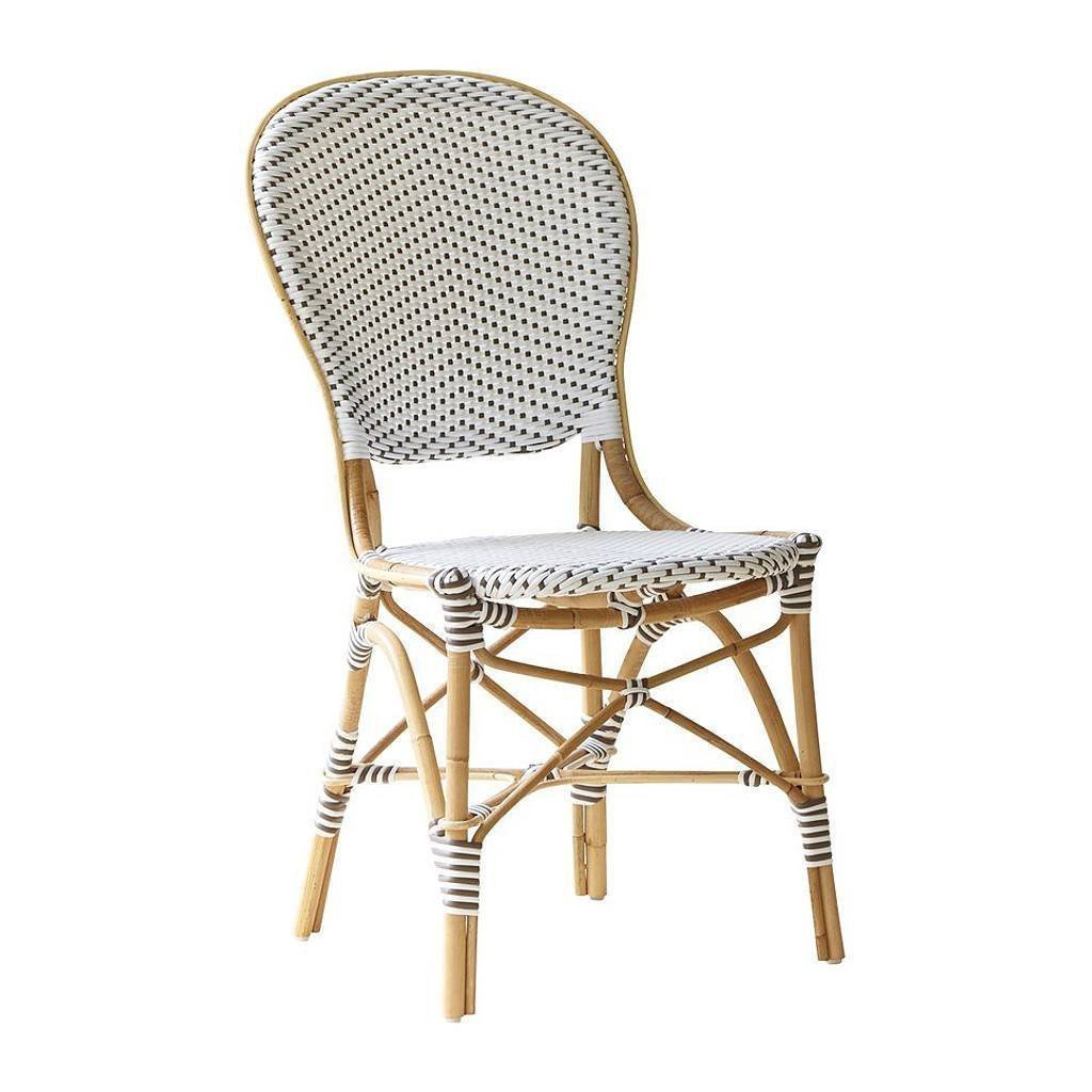 White and black patterned woven seat with bamboo frame, featuring a classic, elegant design. Perfect for any decor.