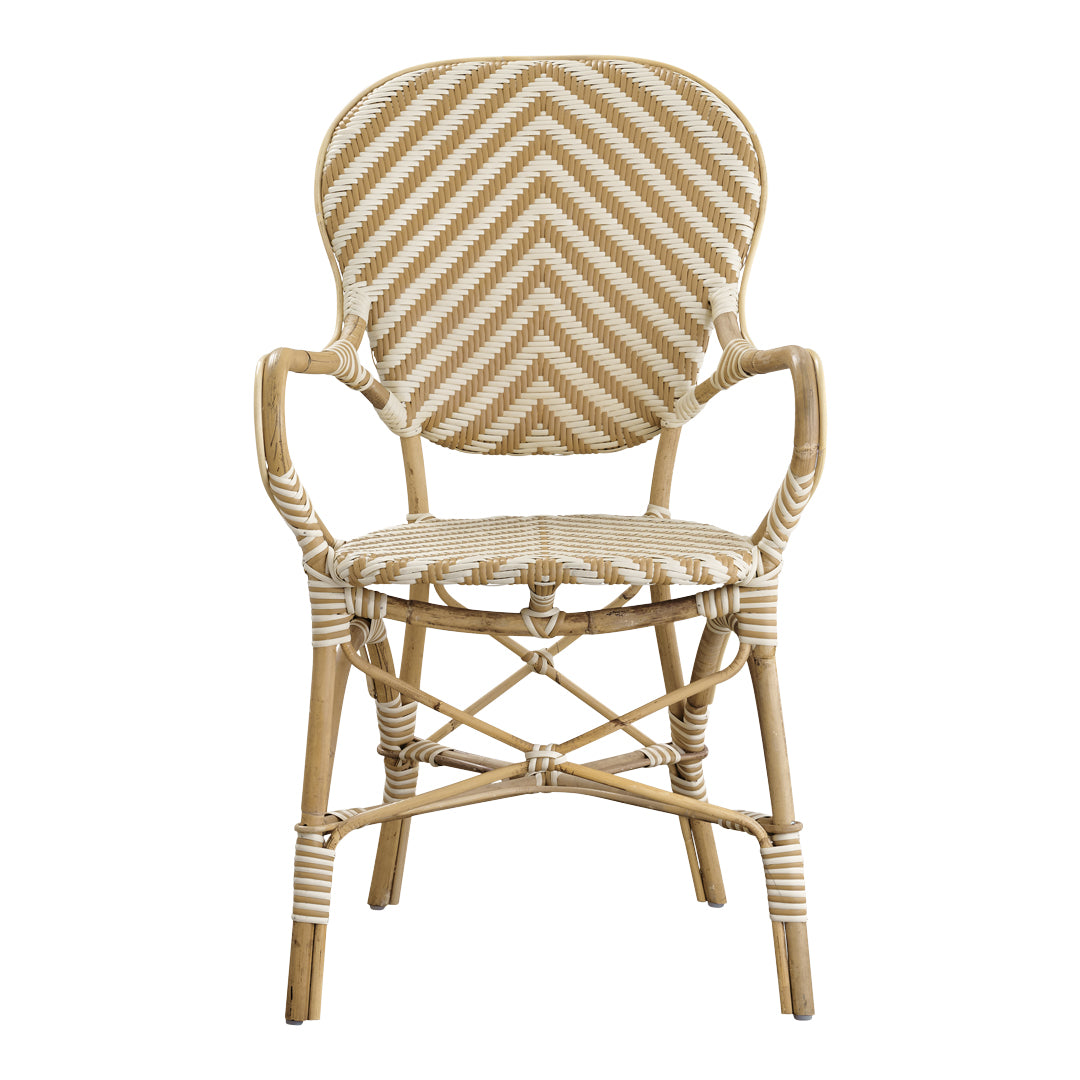 Beige and white striped armchair with a herringbone pattern, elegant wicker design, perfect for indoor or outdoor use.