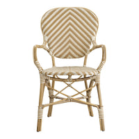 Beige and white striped armchair with a herringbone pattern, elegant wicker design, perfect for indoor or outdoor use.