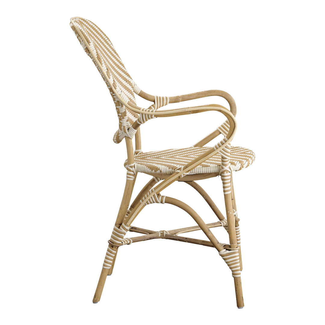 Natural rattan chair with white striped pattern, featuring a sleek design and earthy tones. Perfect for any decor.
