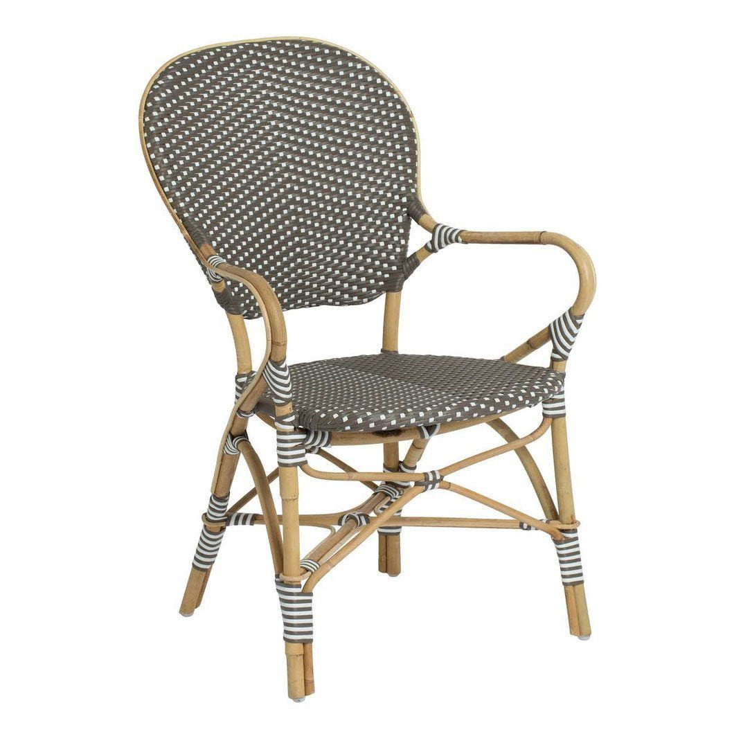 Brown and white patterned rattan chair with striped accents, perfect for stylish outdoor seating.