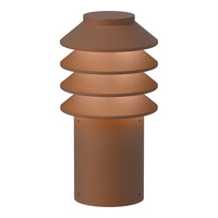 Rust-colored outdoor lamp with layered design and smooth finish, perfect for adding warmth to any space.