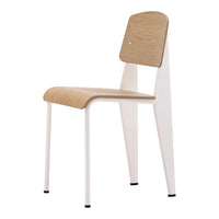 Modern chair with a light wood seat and backrest, complemented by sleek white metal legs.