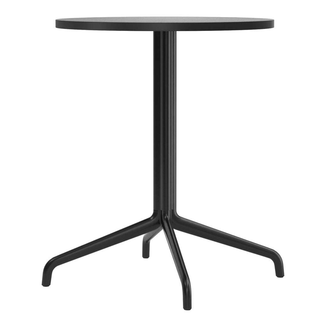 Black round table with a sleek, minimalist design and a sturdy, three-legged base for modern decor.