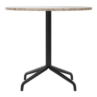 Marble-patterned beige tabletop with sleek black metal tripod base, perfect for modern decor.