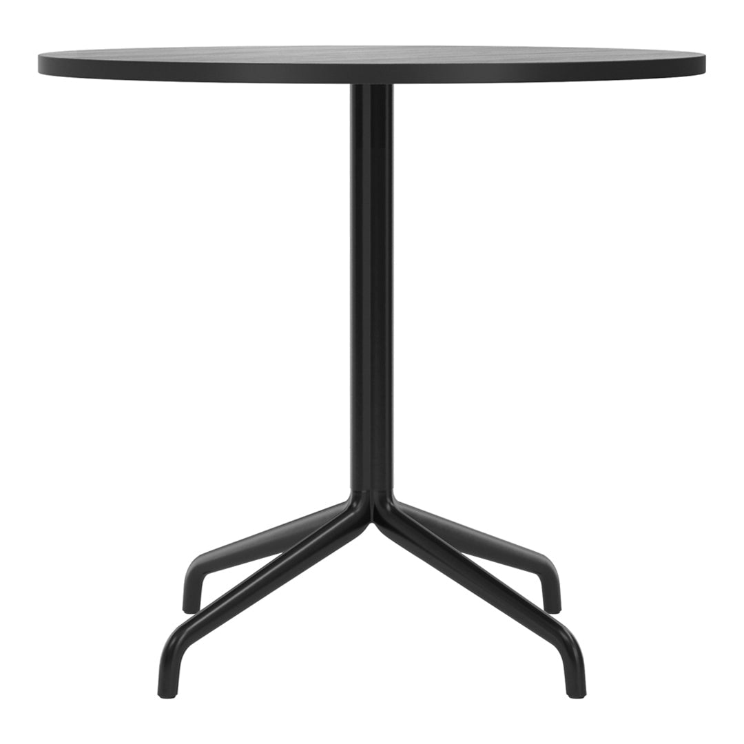 Black round tabletop with a sleek, minimalist design and a sturdy black metal base. Perfect for modern decor.