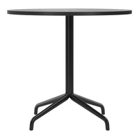 Black round tabletop with a sleek, minimalist design and a sturdy black metal base. Perfect for modern decor.